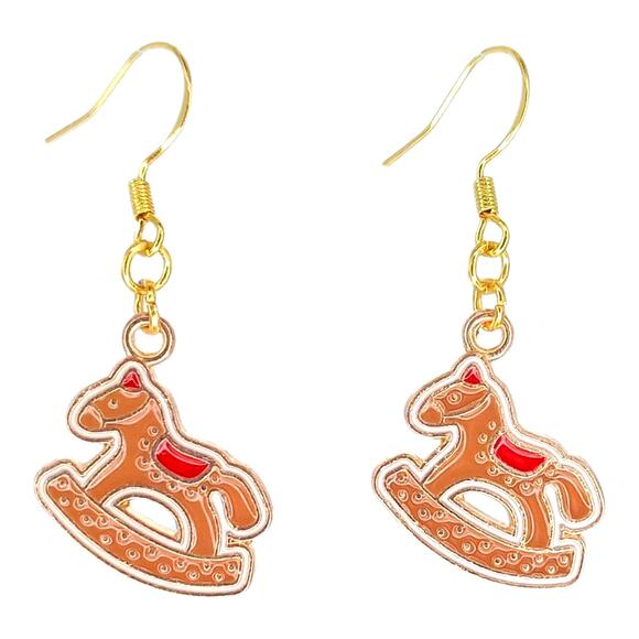 Gingerbread rocking horse dangle earrings — lightweight holiday jewelry - Picture 1 of 4